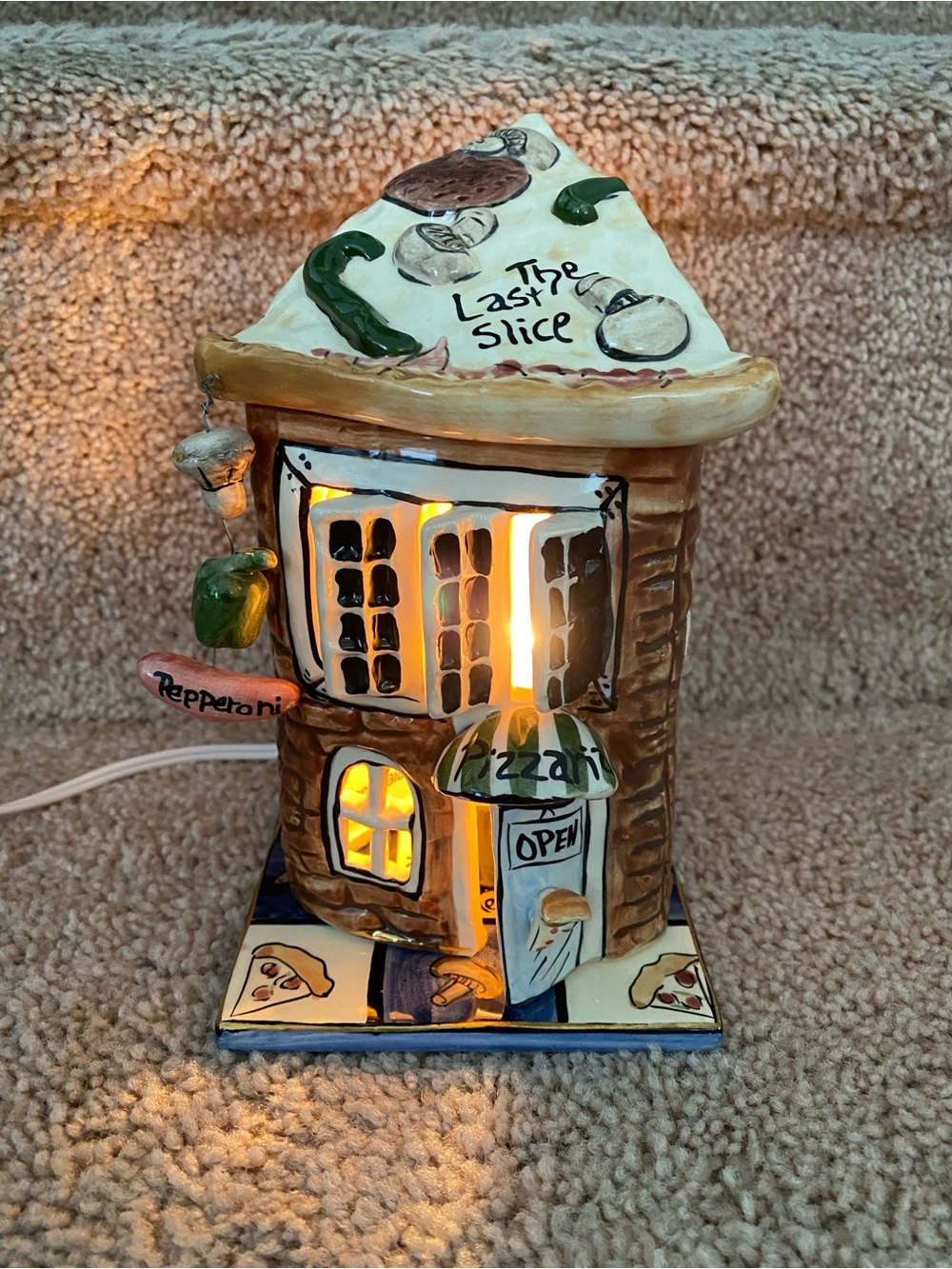 Blue Sky Ceramic Pizza Shop Night Light - White, Green, Brown, Tan